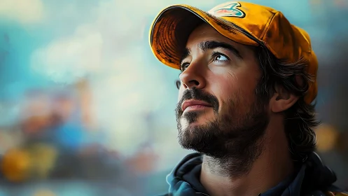 Digital portrait of pensive man in cap with bokeh backdrop.