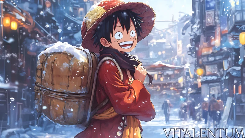 Smiling anime traveler crosses glowing snowlit market street.