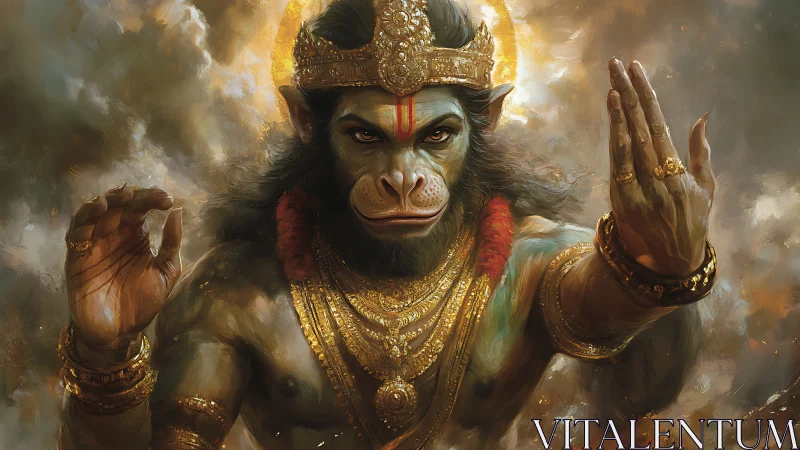 Warrior monkey deity extends blessing gesture in smoke