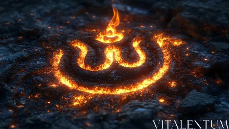 Molten power symbol carved in glowing volcanic rock surface.