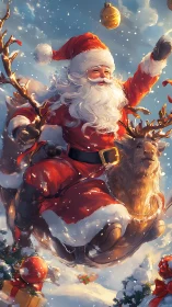 Santa rockets through snowfall, painting the sky with joy