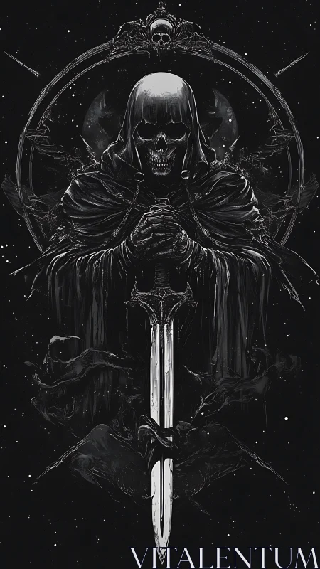 Grim reaper guardian rests hands on a gleaming cosmic sword