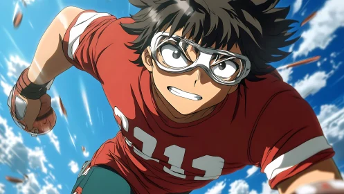 Anime football runner sprints forward under bright blue sky