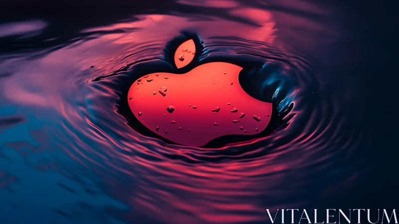 Glowing apple emblem drifting in neon ripples of water.
