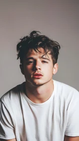 Moody young man in white tee under soft studio light.