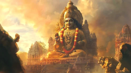 Monumental Hindu deity statue dominates temple complex under golden haze