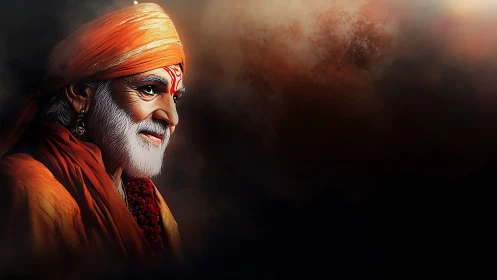 Radiant sage in saffron robes against mystical dusk haze.