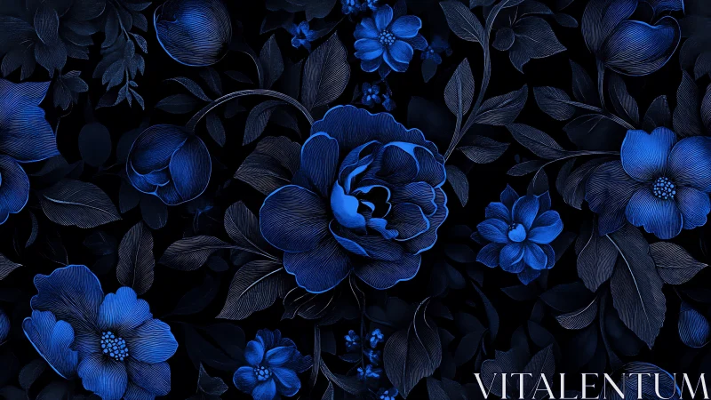 Luminous Blue Floral Pattern Against Deep Darkness.