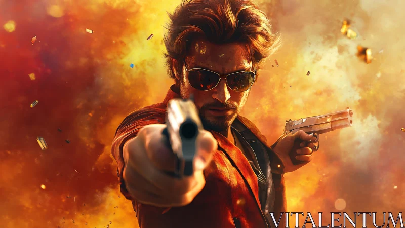 Bullet-bright rebel strides through molten sunset chaos