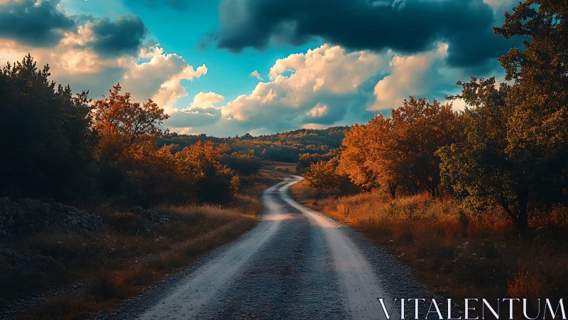 Gravel country road winding through vivid autumn hillside landscape.