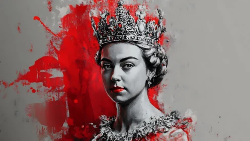 Regal grayscale portrait contrasts with bold red paint splash.