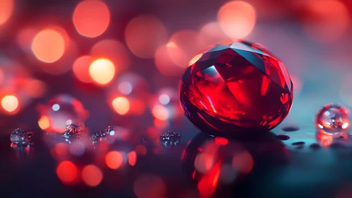 3D macro study of faceted red gemstone with bokeh lights.