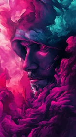 Hooded dream-walker surfaces from swirling neon smoke