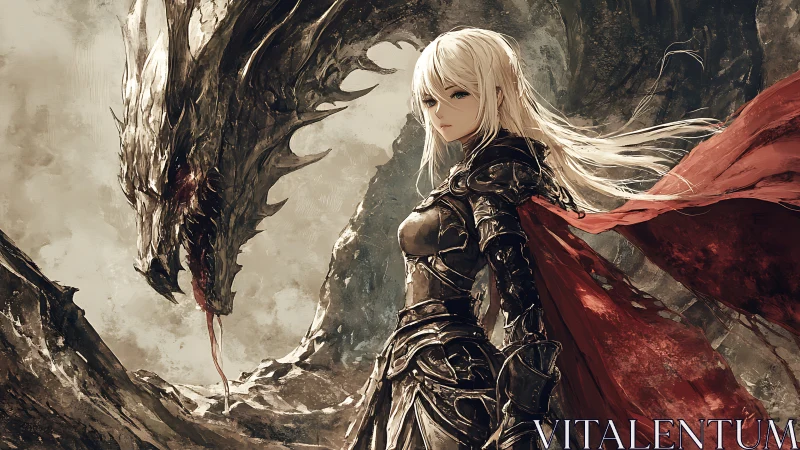 Armored warrior with red cape confronts skeletal dragon in storm