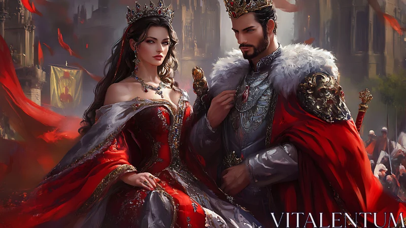 Regal fantasy royal couple in baroque red court finery.