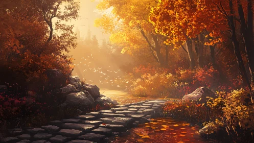 Golden Autumn Path Through an Enchanted Forest Sanctuary.