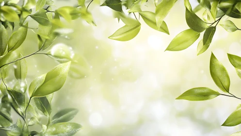 Green leaves frame soft bokeh background in bright light