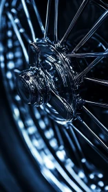 Chromed wire wheel hub in high-contrast optical closeup.