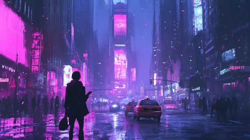 Neon rain wanderer in magenta-soaked cyber city night.