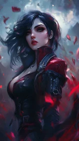 Crimson storm huntress in emberswept gothic battle leathers.