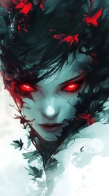Enigmatic spirit&rsquo;s glowing gaze pierces a storm of crimson petals