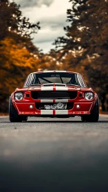 Bold red muscle car waits confidently on an autumn road