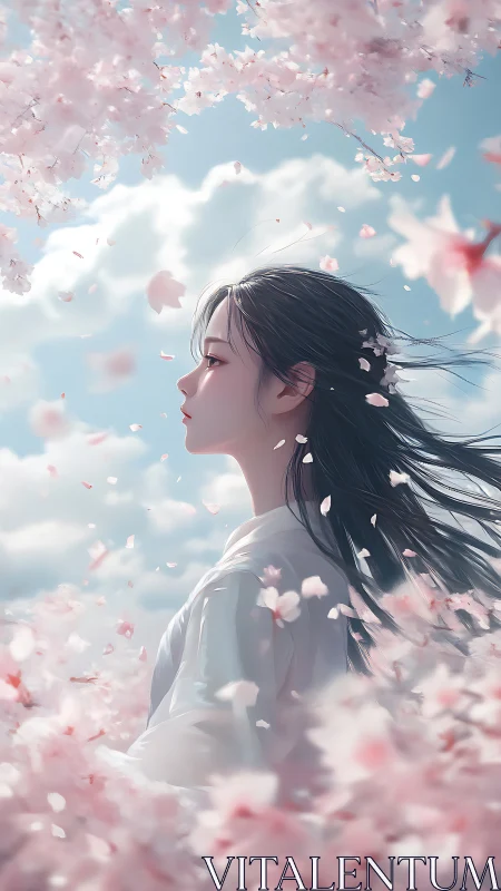 Digital painting of girl in cherry blossoms, airy vertical composition.
