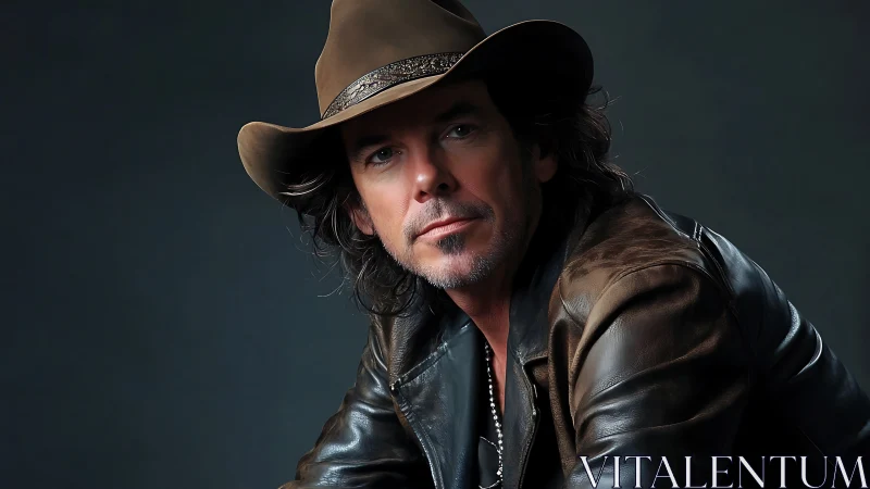 Weathered drifter in leather and shadowed studio calm.