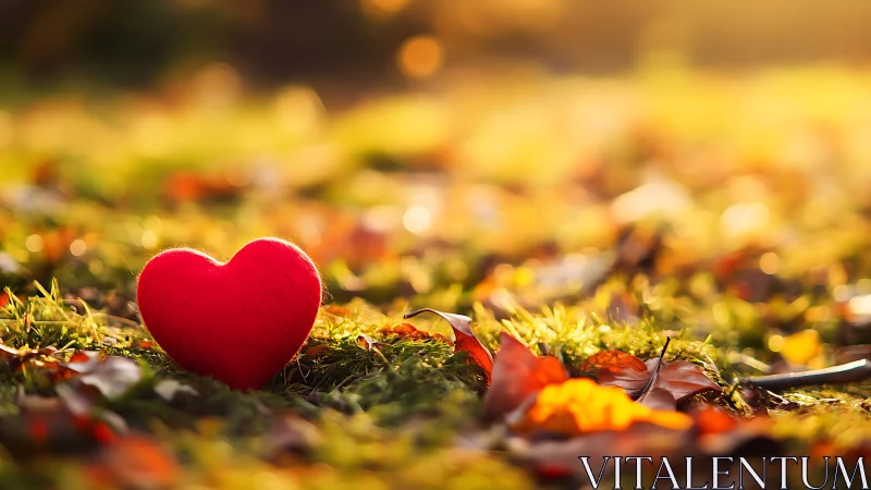 Red heart rests on moss with autumn leaves background