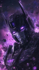 Cyberpunk mech warlord in violet deep-space particle storm.