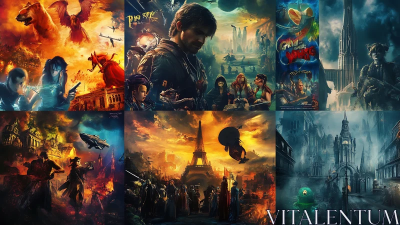 Collaged sci fi fantasy movie posters merge fiery dystopias