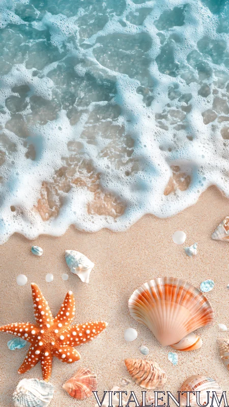 Seashells and starfish lie on wet beach sand by foamy surf