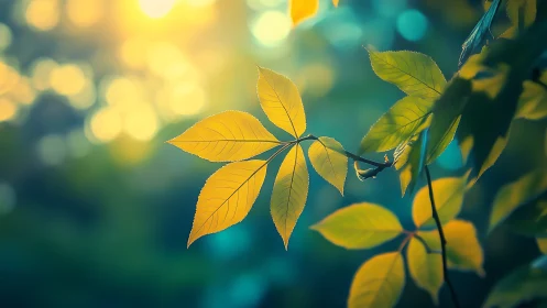 Sunlit yellow leaves with dreamy bokeh background in nature.