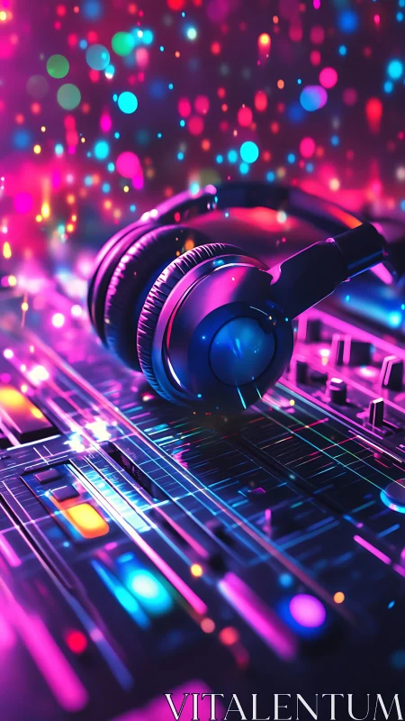 Neon headphones rest on a DJ mixer amid luminous bokeh light