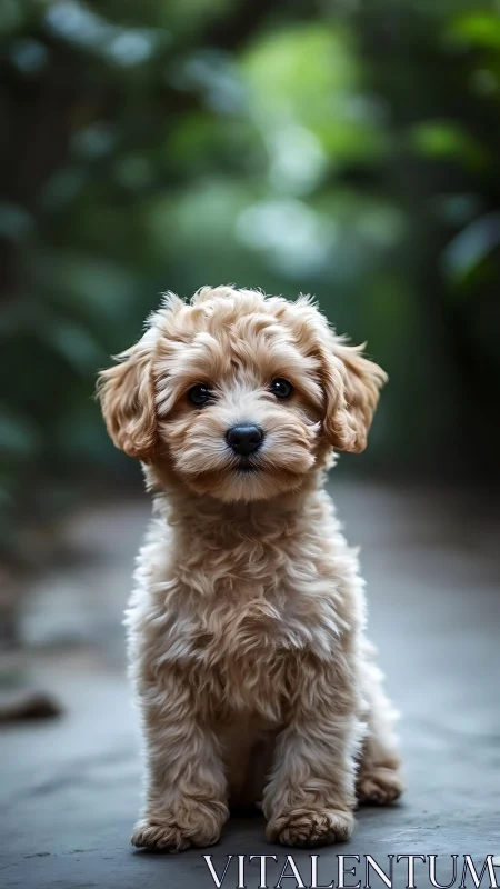 Curly haired puppy sits calmly on a soft forest pathway