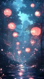 Lantern-illuminated forest stream under cyan nocturnal canopy.
