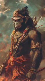 Majestic warrior monkey stands tall in swirling sacred fire