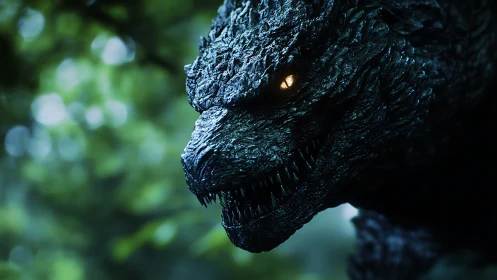 Reptilian creature close-up in dim forest environment.