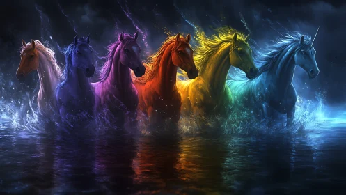 Rainbow spectral horses charge through glowing water at night.
