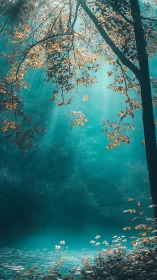 Turquoise Dreams: Golden Leaves Meet Misty Waters.
