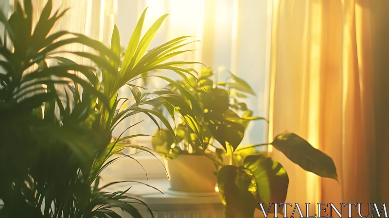 Indoor potted plants catch warm low sunlight beside curtains