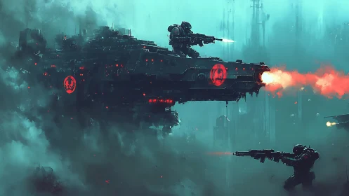 Armored grav-troopers assault gunship in toxic urban fog.