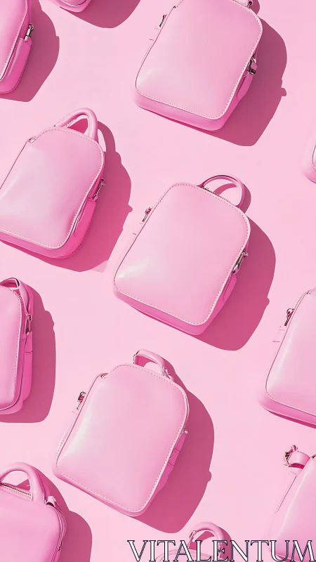 Pink mini backpacks form bold monochrome fashion grid.