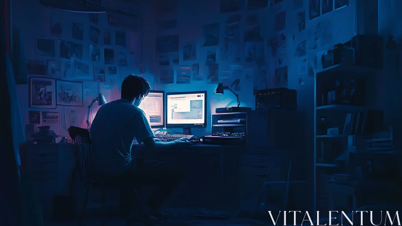 Solitary programmer at dual monitors in dim blue-lit bedroom workspace