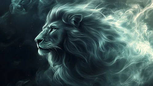 Majestic cosmic lion drifting through swirling starlit mist.