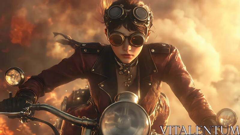 Steampunk motorcyclist in goggles against smoke-filled sky.
