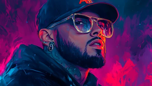 Neon-slick gaze carves swagger through electric midnight haze