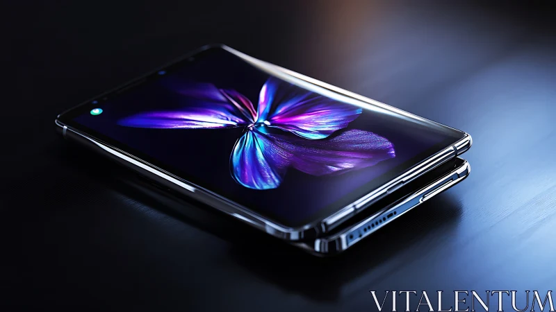 Luminescent Butterfly Dancing Across Folded Tech Elegance.