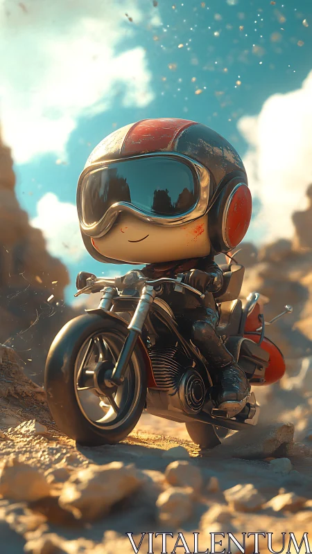 Cute cartoon biker kid riding motorcycle on rocky trail.
