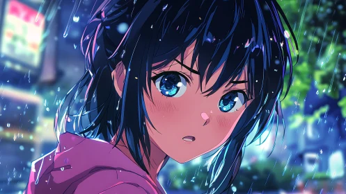 Rain-soaked anime girl gazes back under neon night sky